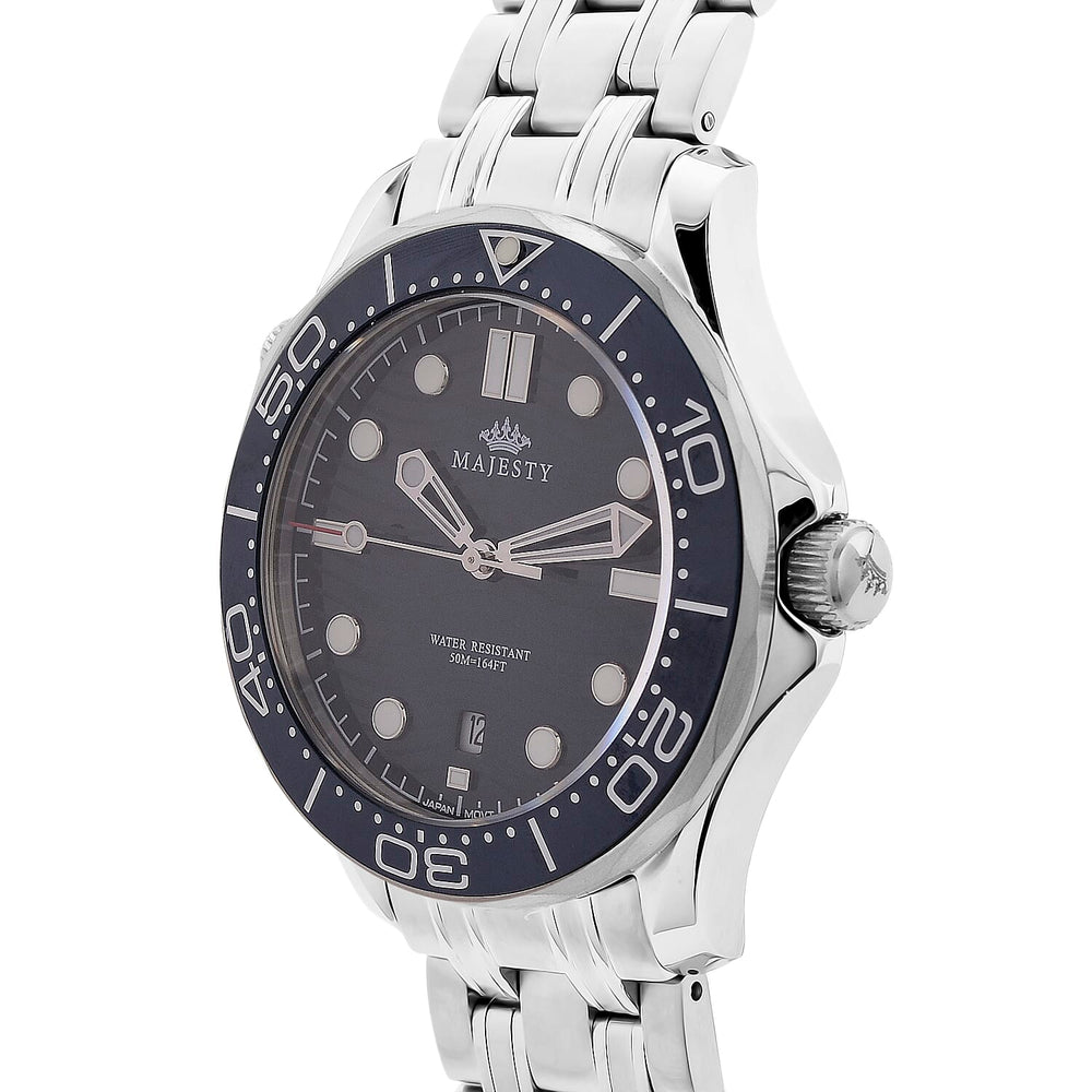 MAJESTY Diver Automatic Mechanical Miyota 8215 5ATM WR Blue Hydraulic Dial - Silver Case Mens Watch with Silver Stainless Steel Strap