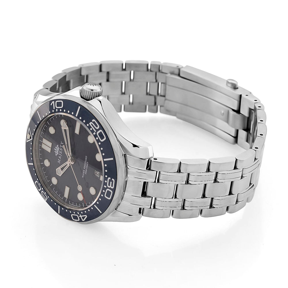 MAJESTY Diver Automatic Mechanical Miyota 8215 5ATM WR Blue Hydraulic Dial - Silver Case Mens Watch with Silver Stainless Steel Strap