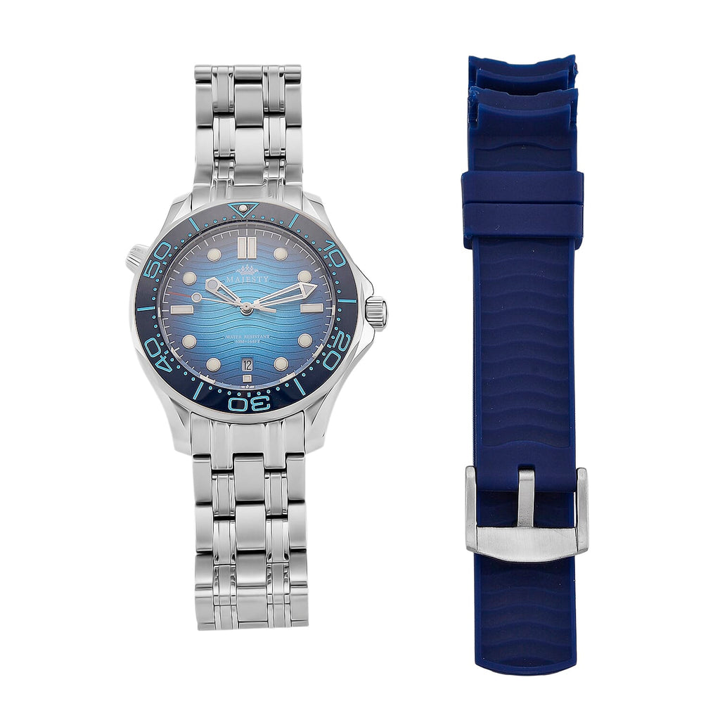 MAJESTY Diver Automatic Mechanical Miyota 8215 5ATM WR Gradual Blue Dial - Silver Case Mens Watch with Silver Stainless Steel Strap