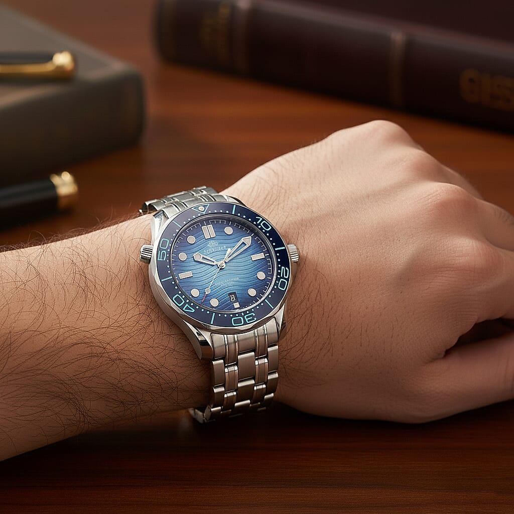 MAJESTY Diver Automatic Mechanical Miyota 8215 5ATM WR Gradual Blue Dial - Silver Case Mens Watch with Silver Stainless Steel Strap