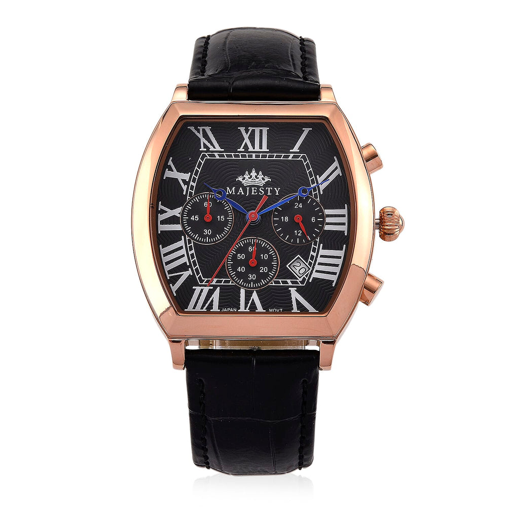 MAJESTY Multifunction VD53 Japan Quartz 3ATM WR Black Hydraulic Dial - Rose Crystal Case Mens Watch with Black Leather Strap
