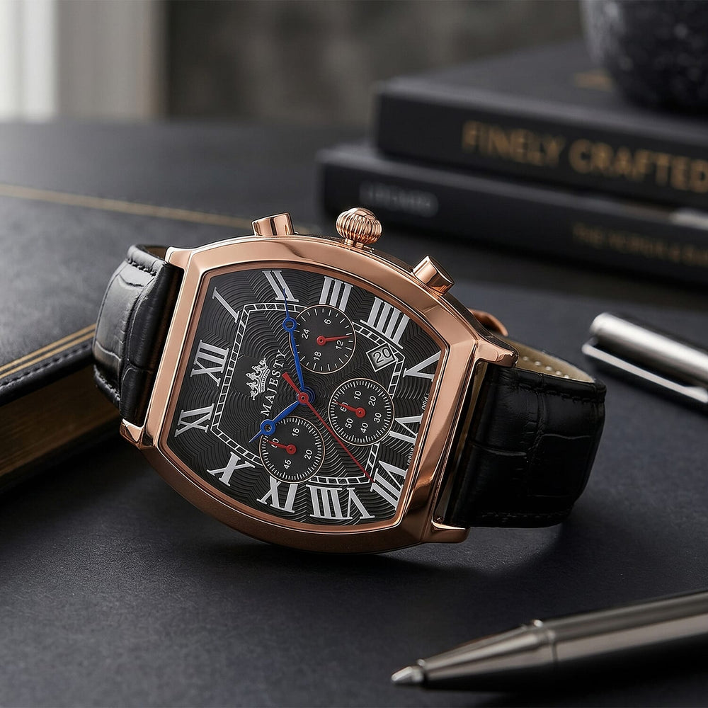 MAJESTY Multifunction VD53 Japan Quartz 3ATM WR Black Hydraulic Dial - Rose Crystal Case Mens Watch with Black Leather Strap