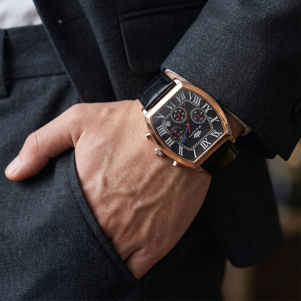MAJESTY Multifunction VD53 Japan Quartz 3ATM WR Black Hydraulic Dial - Rose Crystal Case Mens Watch with Black Leather Strap