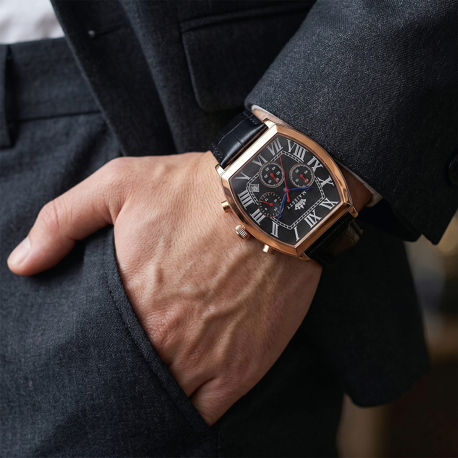MAJESTY Multifunction VD53 Japan Quartz 3ATM WR Black Hydraulic Dial - Rose Crystal Case Mens Watch with Black Leather Strap