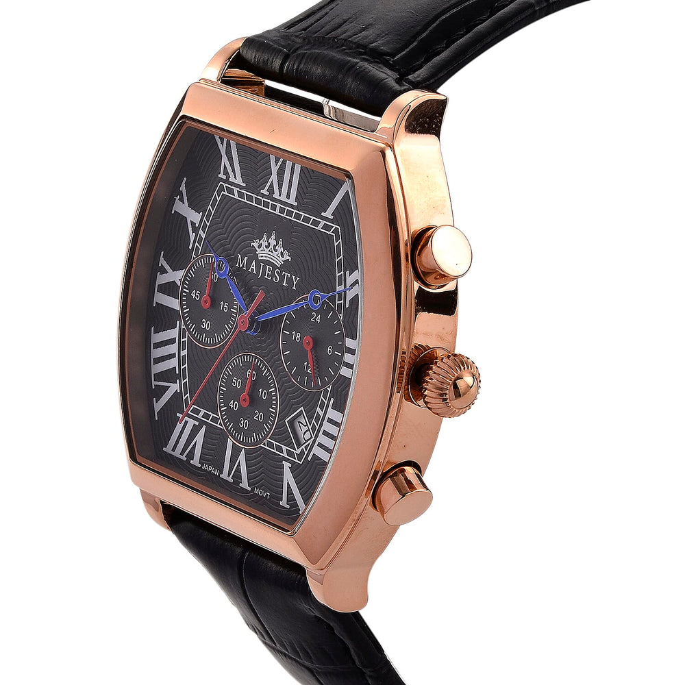MAJESTY Multifunction VD53 Japan Quartz 3ATM WR Black Hydraulic Dial - Rose Crystal Case Mens Watch with Black Leather Strap