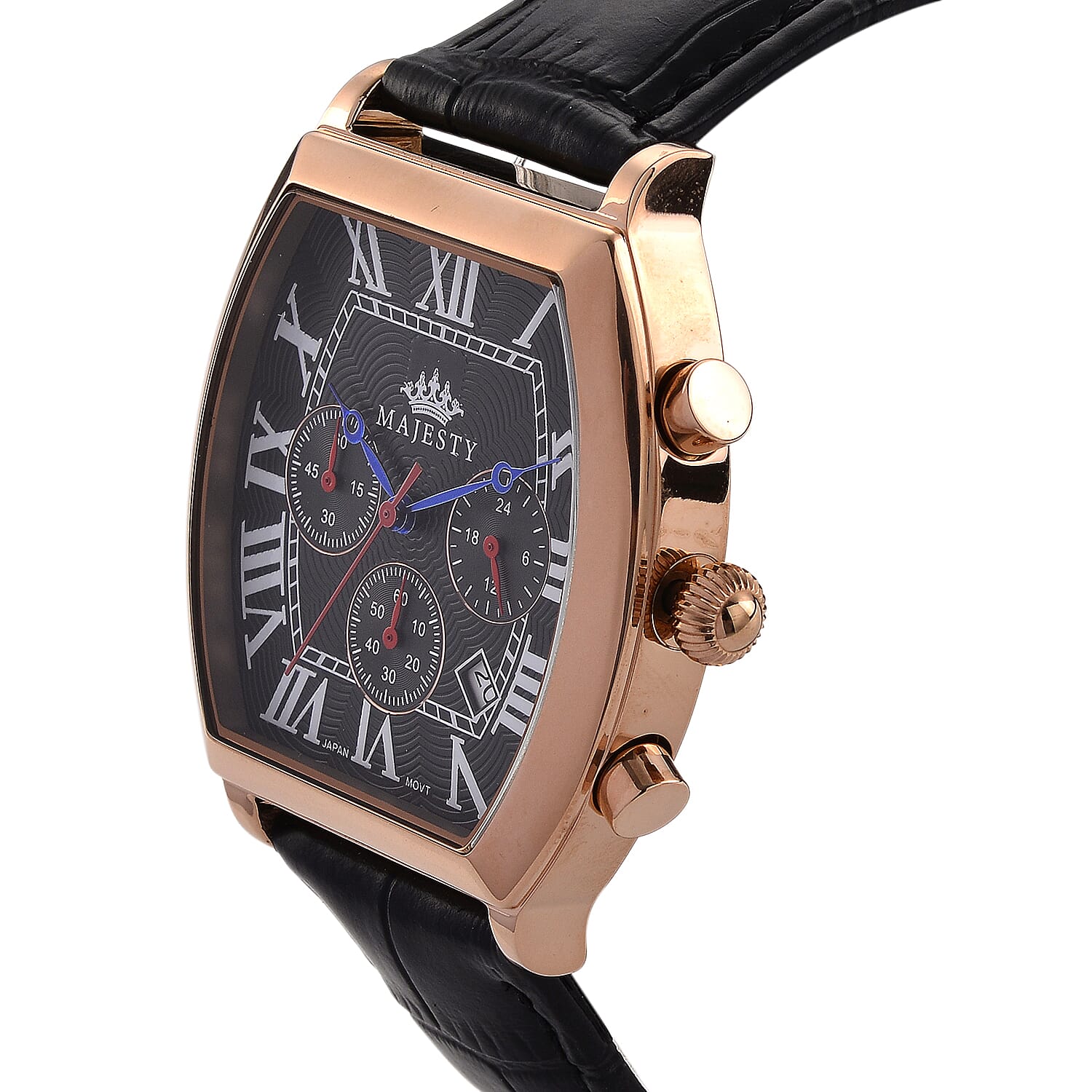 MAJESTY Multifunction VD53 Japan Quartz 3ATM WR Black Hydraulic Dial - Rose Crystal Case Mens Watch with Black Leather Strap