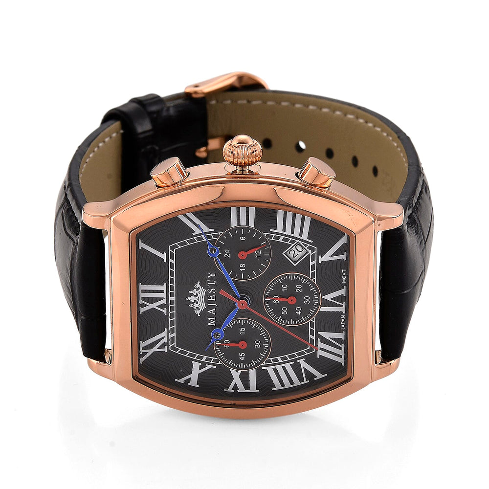 MAJESTY Multifunction VD53 Japan Quartz 3ATM WR Black Hydraulic Dial - Rose Crystal Case Mens Watch with Black Leather Strap