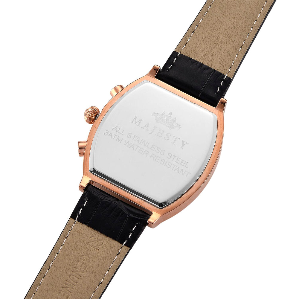 MAJESTY Multifunction VD53 Japan Quartz 3ATM WR Black Hydraulic Dial - Rose Crystal Case Mens Watch with Black Leather Strap