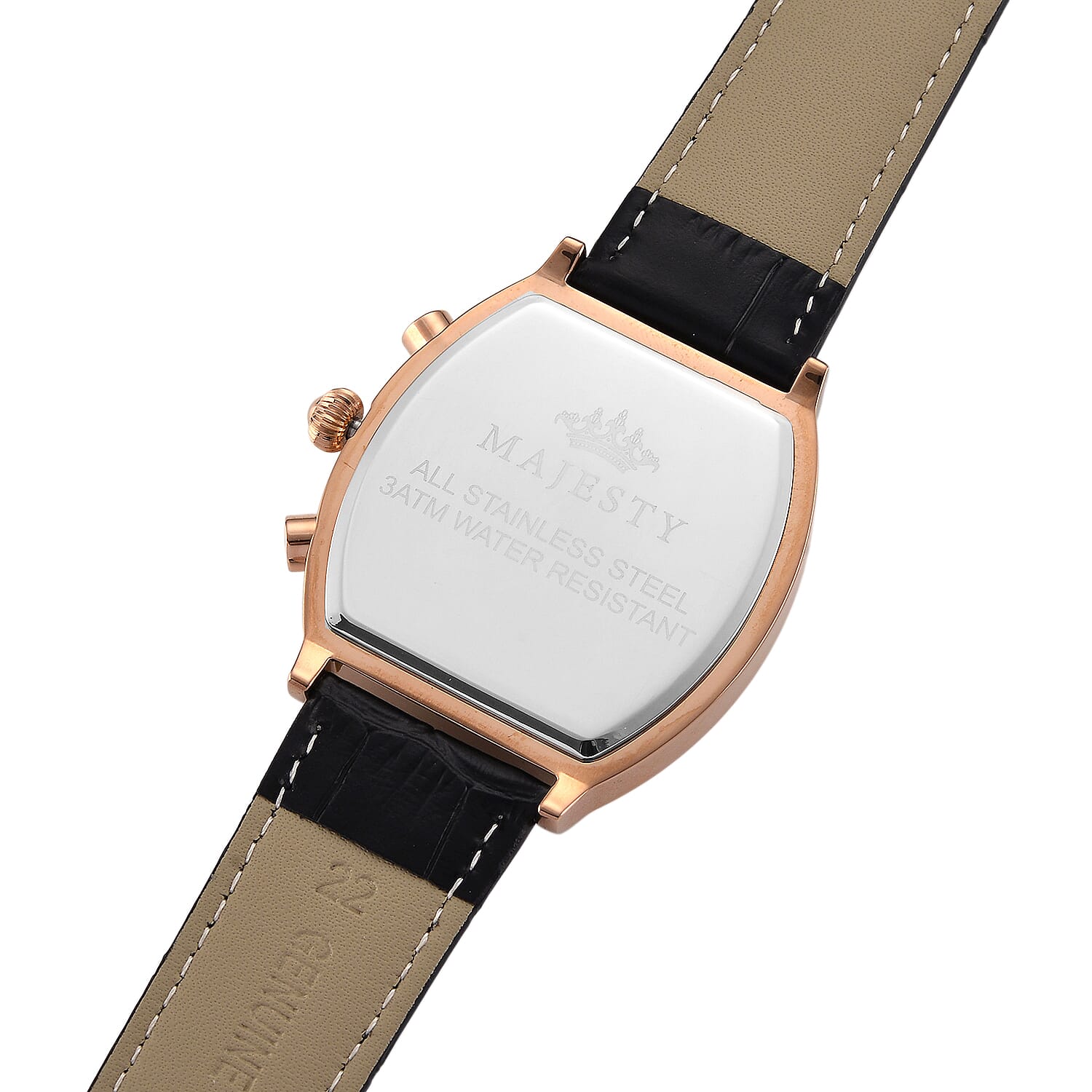 MAJESTY Multifunction VD53 Japan Quartz 3ATM WR Black Hydraulic Dial - Rose Crystal Case Mens Watch with Black Leather Strap