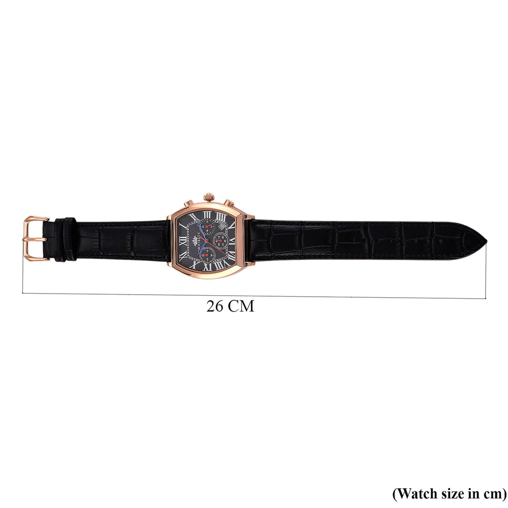 MAJESTY Multifunction VD53 Japan Quartz 3ATM WR Black Hydraulic Dial - Rose Crystal Case Mens Watch with Black Leather Strap