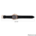 MAJESTY Multifunction VD53 Japan Quartz 3ATM WR Black Hydraulic Dial - Rose Crystal Case Mens Watch with Black Leather Strap