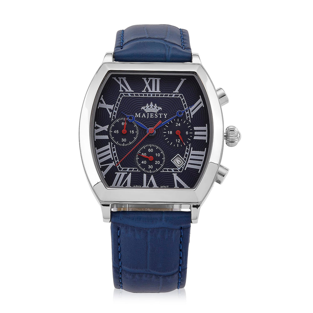 MAJESTY Multifunction VD53 Japan Quartz 3ATM WR Blue Hydraulic Dial - Silver Crystal Case Mens Watch with Blue Leather Strap