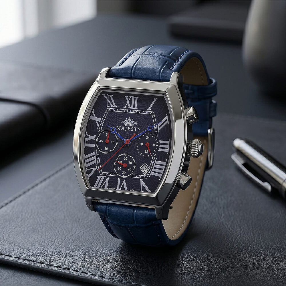 MAJESTY Multifunction VD53 Japan Quartz 3ATM WR Blue Hydraulic Dial - Silver Crystal Case Mens Watch with Blue Leather Strap