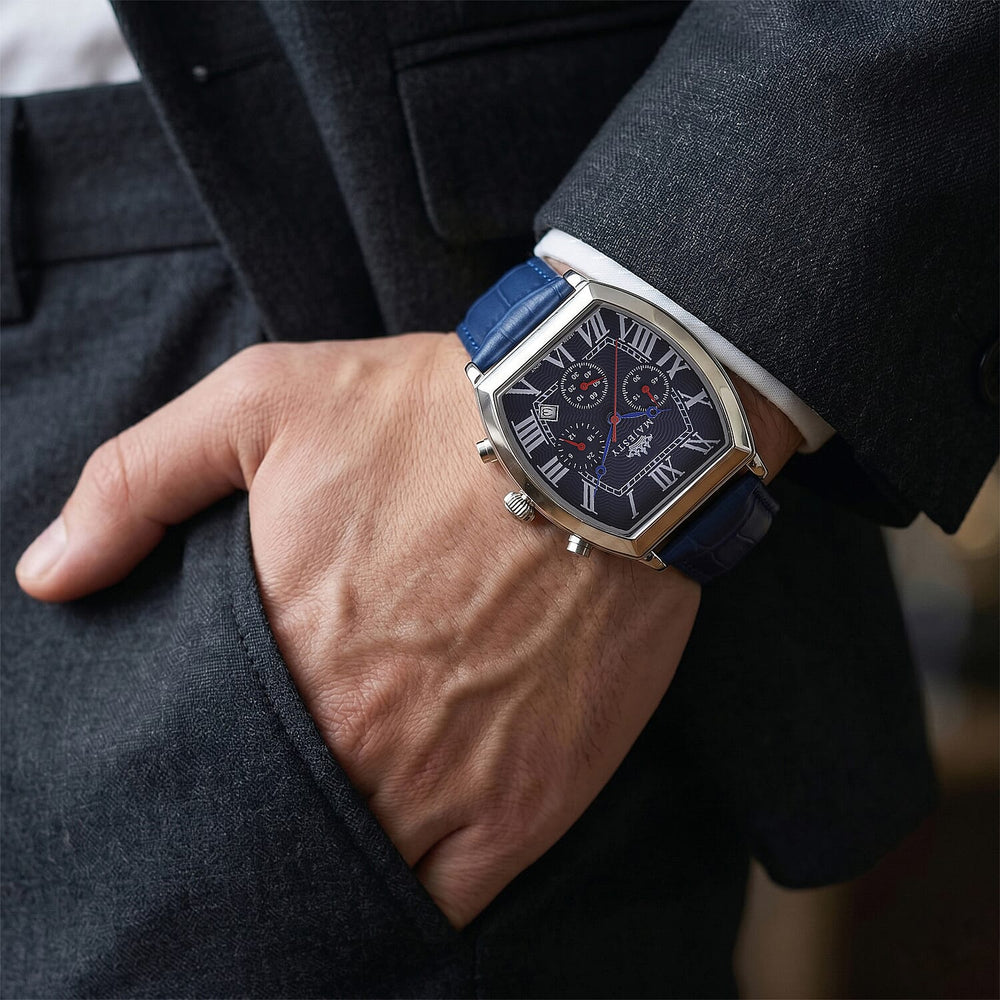 MAJESTY Multifunction VD53 Japan Quartz 3ATM WR Blue Hydraulic Dial - Silver Crystal Case Mens Watch with Blue Leather Strap