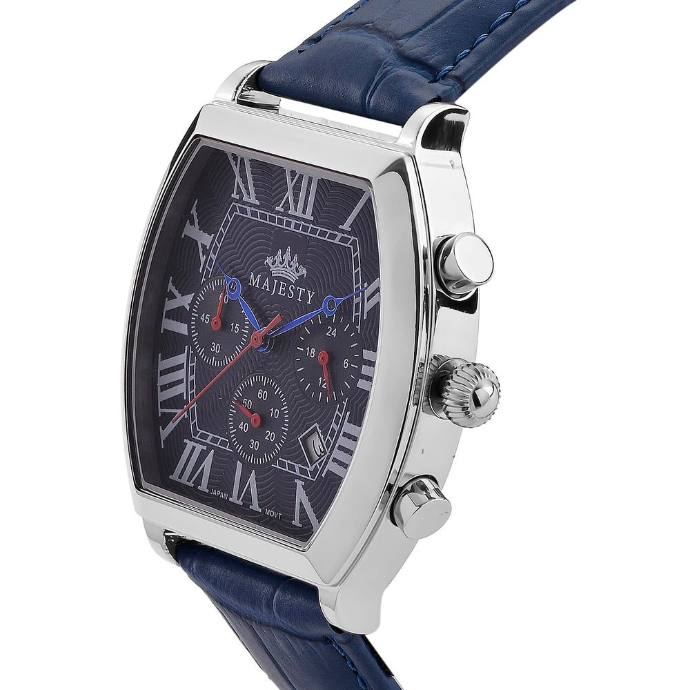 MAJESTY Multifunction VD53 Japan Quartz 3ATM WR Blue Hydraulic Dial - Silver Crystal Case Mens Watch with Blue Leather Strap