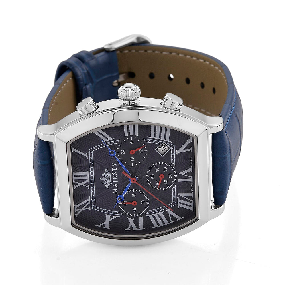 MAJESTY Multifunction VD53 Japan Quartz 3ATM WR Blue Hydraulic Dial - Silver Crystal Case Mens Watch with Blue Leather Strap