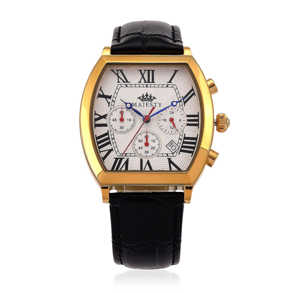 MAJESTY Multifunction VD53 Japan Quartz 3ATM WR White Hydraulic Dial - Gold Crystal Case Mens Watch with Black Leather Strap