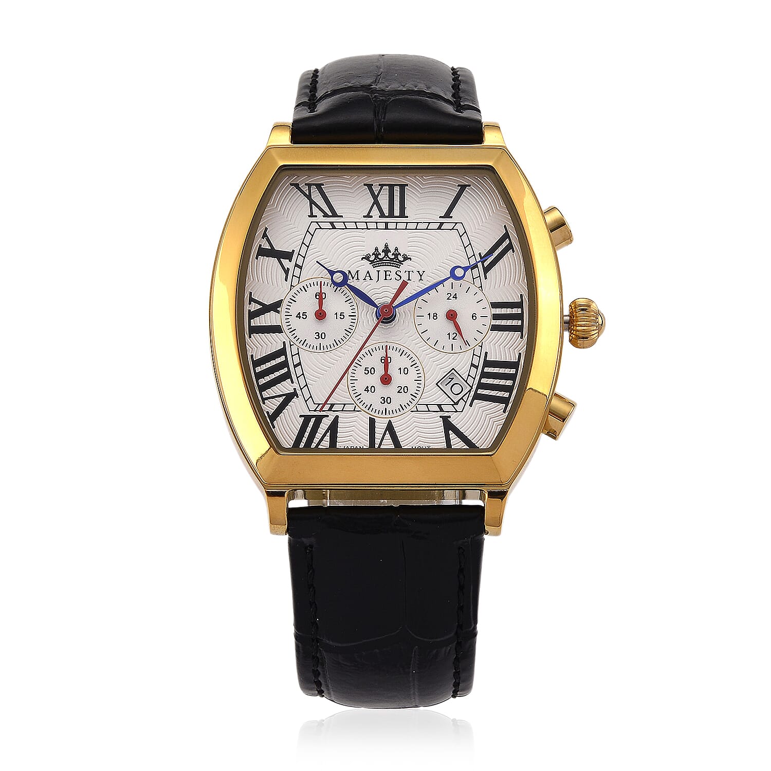 MAJESTY Multifunction VD53 Japan Quartz 3ATM WR White Hydraulic Dial - Gold Crystal Case Mens Watch with Black Leather Strap