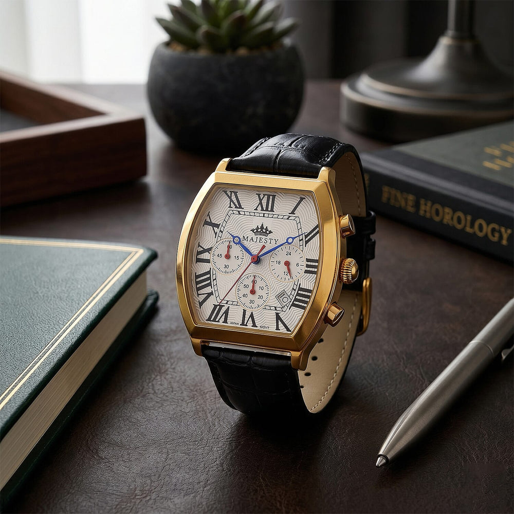 MAJESTY Multifunction VD53 Japan Quartz 3ATM WR White Hydraulic Dial - Gold Crystal Case Mens Watch with Black Leather Strap