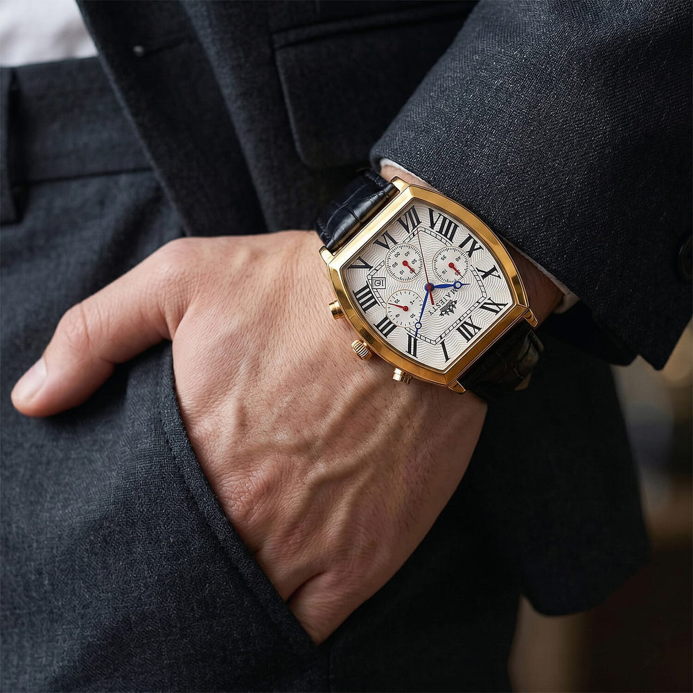 MAJESTY Multifunction VD53 Japan Quartz 3ATM WR White Hydraulic Dial - Gold Crystal Case Mens Watch with Black Leather Strap