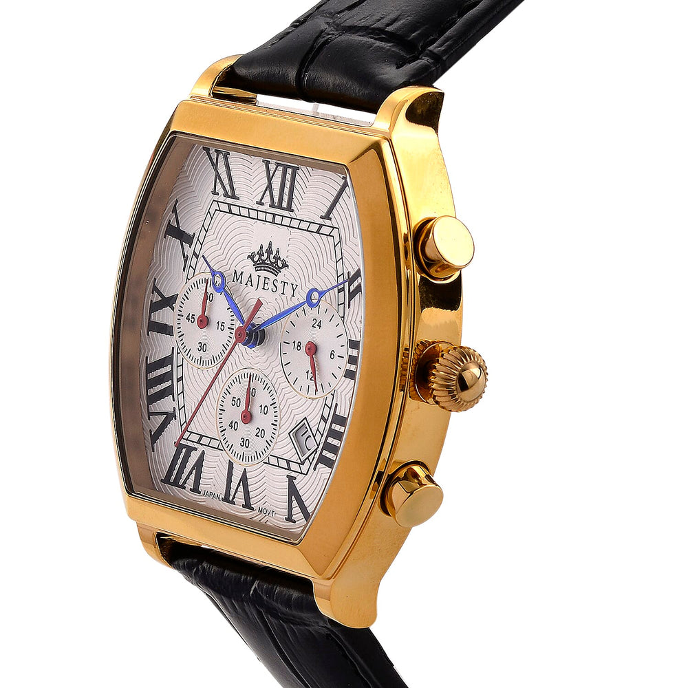 MAJESTY Multifunction VD53 Japan Quartz 3ATM WR White Hydraulic Dial - Gold Crystal Case Mens Watch with Black Leather Strap