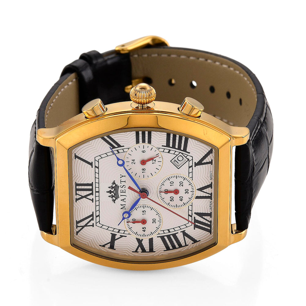 MAJESTY Multifunction VD53 Japan Quartz 3ATM WR White Hydraulic Dial - Gold Crystal Case Mens Watch with Black Leather Strap