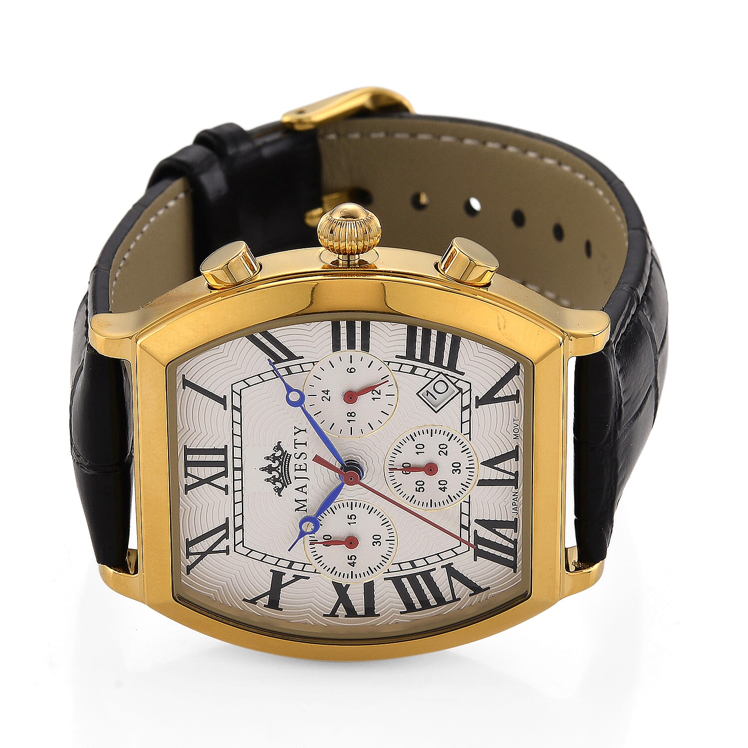 MAJESTY Multifunction VD53 Japan Quartz 3ATM WR White Hydraulic Dial - Gold Crystal Case Mens Watch with Black Leather Strap