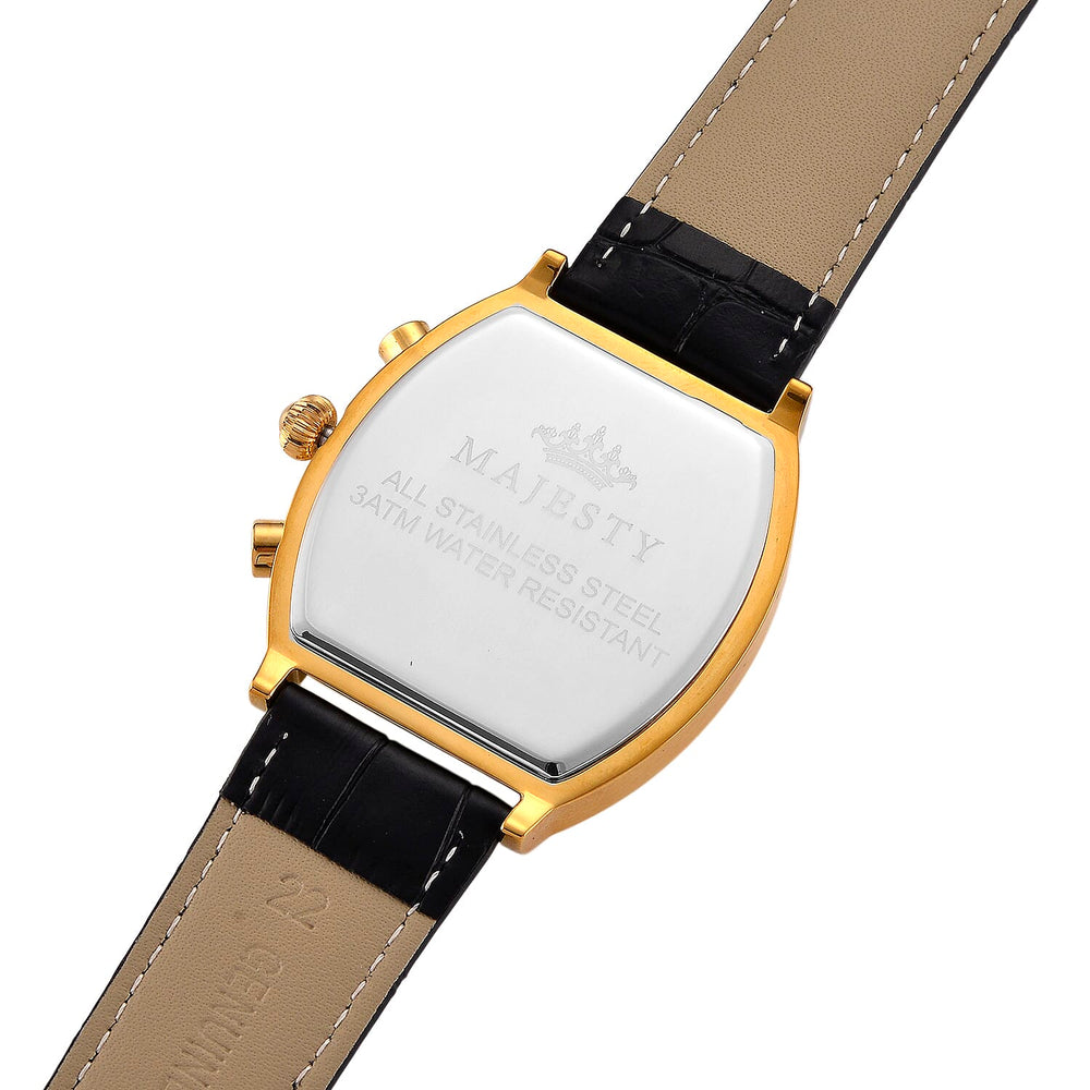 MAJESTY Multifunction VD53 Japan Quartz 3ATM WR White Hydraulic Dial - Gold Crystal Case Mens Watch with Black Leather Strap