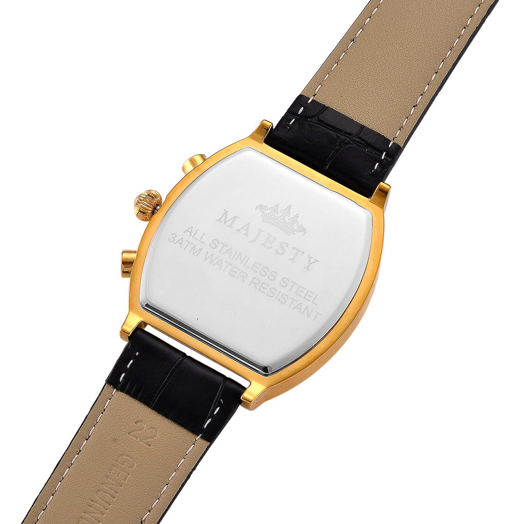 MAJESTY Multifunction VD53 Japan Quartz 3ATM WR White Hydraulic Dial - Gold Crystal Case Mens Watch with Black Leather Strap