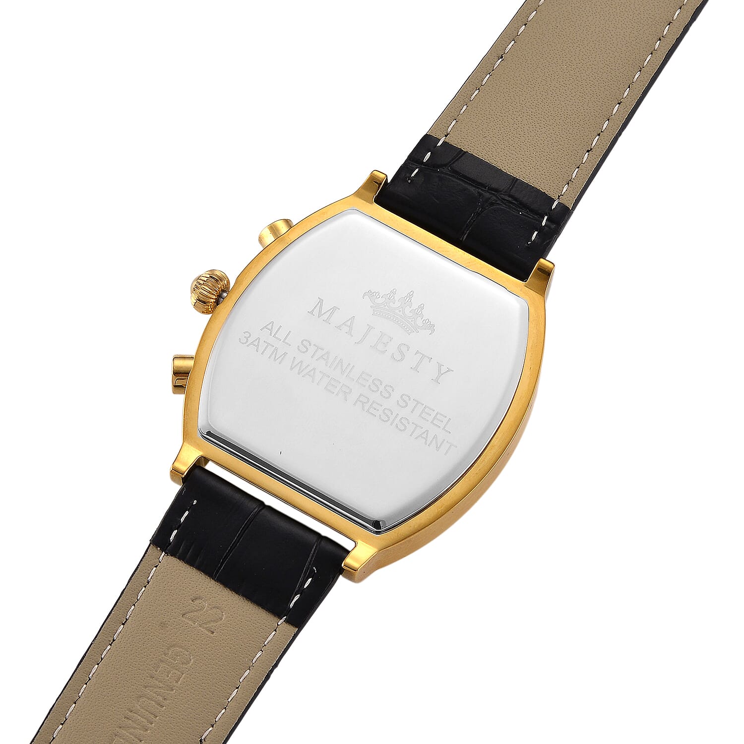 MAJESTY Multifunction VD53 Japan Quartz 3ATM WR White Hydraulic Dial - Gold Crystal Case Mens Watch with Black Leather Strap