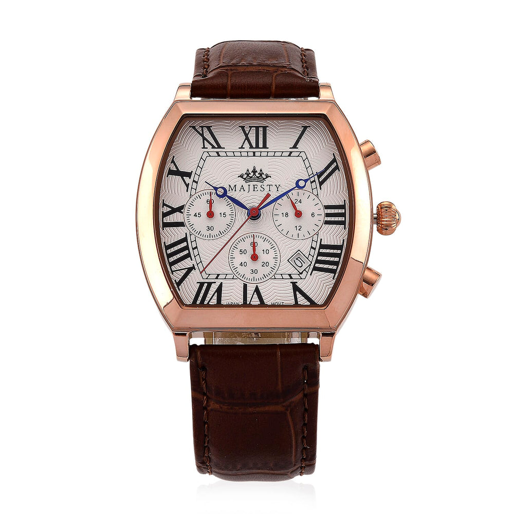 MAJESTY Multifunction VD53 Japan Quartz 3ATM WR White Hydraulic Dial - Rose Crystal Case Mens Watch with Brown Leather Strap