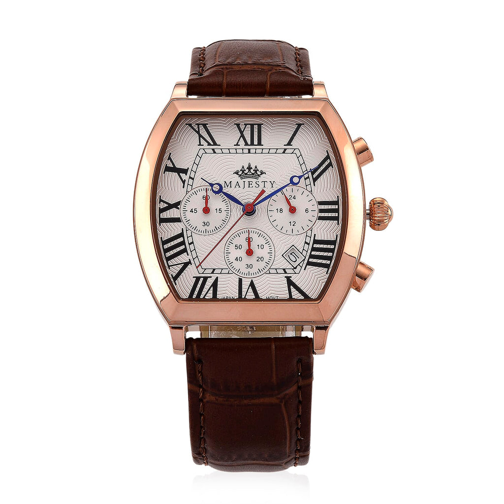 MAJESTY Multifunction VD53 Japan Quartz 3ATM WR White Hydraulic Dial - Rose Crystal Case Mens Watch with Brown Leather Strap