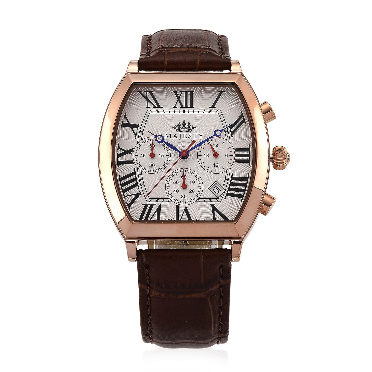 MAJESTY Multifunction VD53 Japan Quartz 3ATM WR White Hydraulic Dial - Rose Crystal Case Mens Watch with Brown Leather Strap