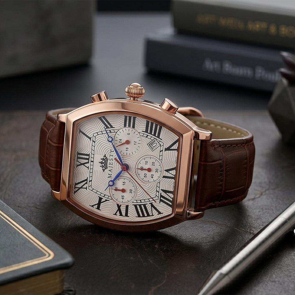 MAJESTY Multifunction VD53 Japan Quartz 3ATM WR White Hydraulic Dial - Rose Crystal Case Mens Watch with Brown Leather Strap