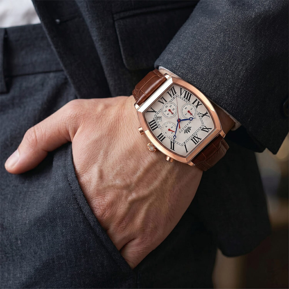 MAJESTY Multifunction VD53 Japan Quartz 3ATM WR White Hydraulic Dial - Rose Crystal Case Mens Watch with Brown Leather Strap