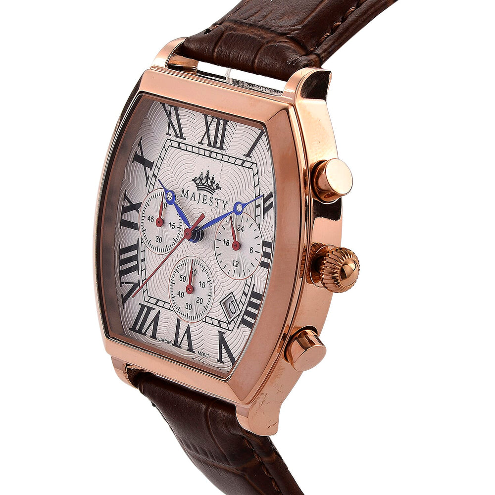 MAJESTY Multifunction VD53 Japan Quartz 3ATM WR White Hydraulic Dial - Rose Crystal Case Mens Watch with Brown Leather Strap