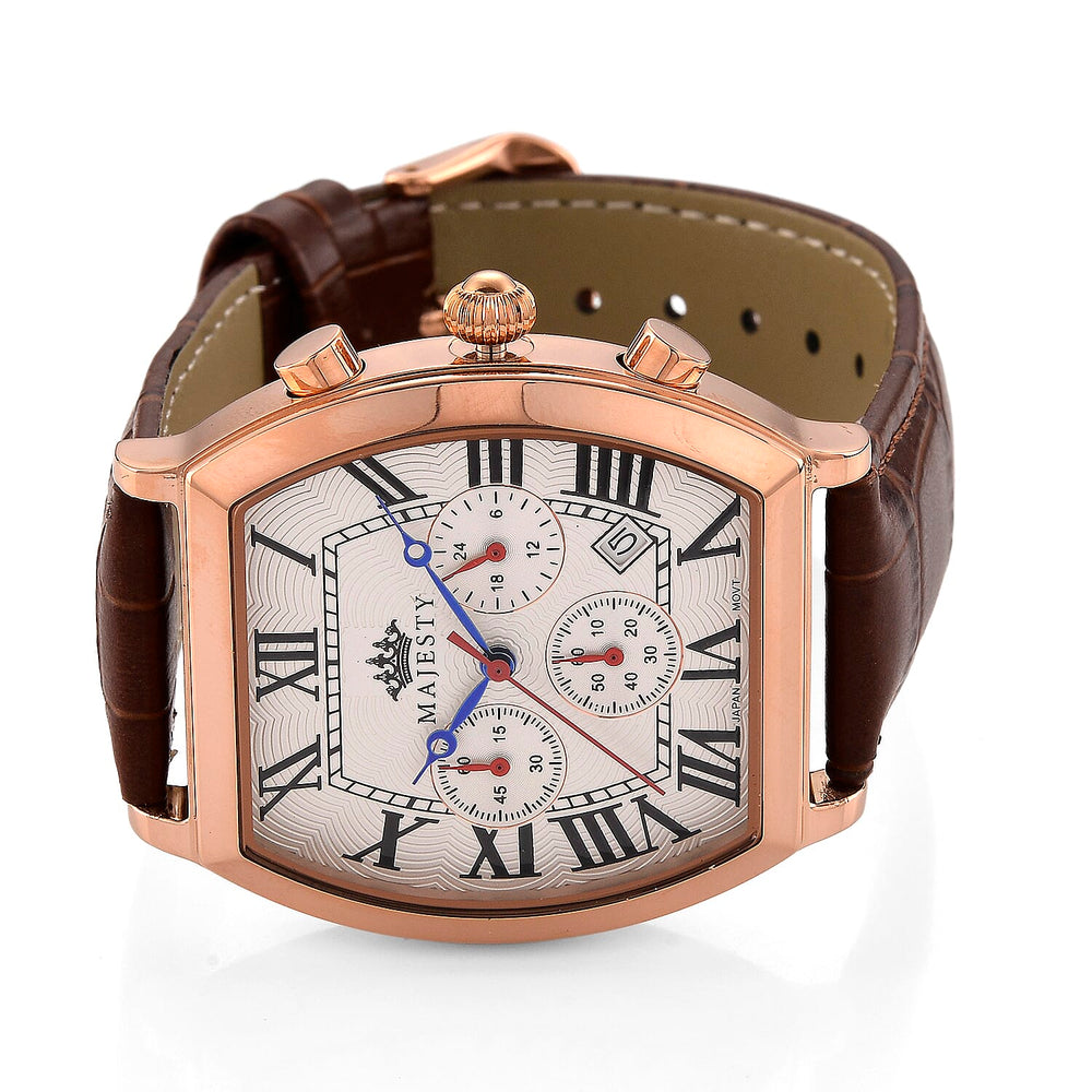 MAJESTY Multifunction VD53 Japan Quartz 3ATM WR White Hydraulic Dial - Rose Crystal Case Mens Watch with Brown Leather Strap