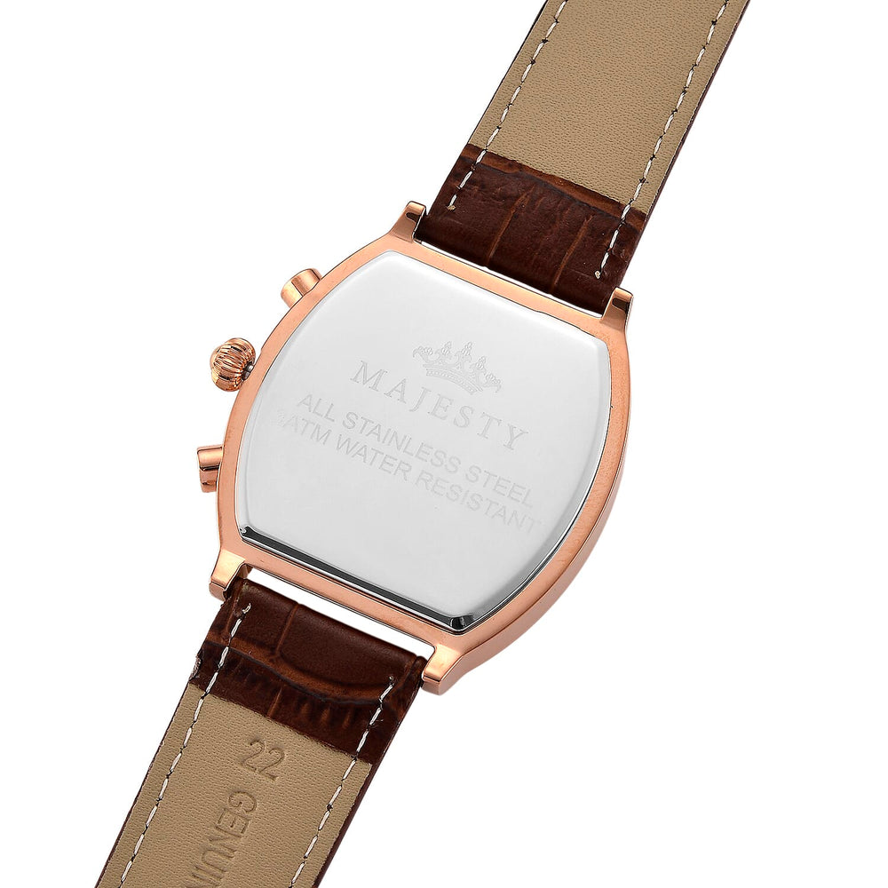 MAJESTY Multifunction VD53 Japan Quartz 3ATM WR White Hydraulic Dial - Rose Crystal Case Mens Watch with Brown Leather Strap