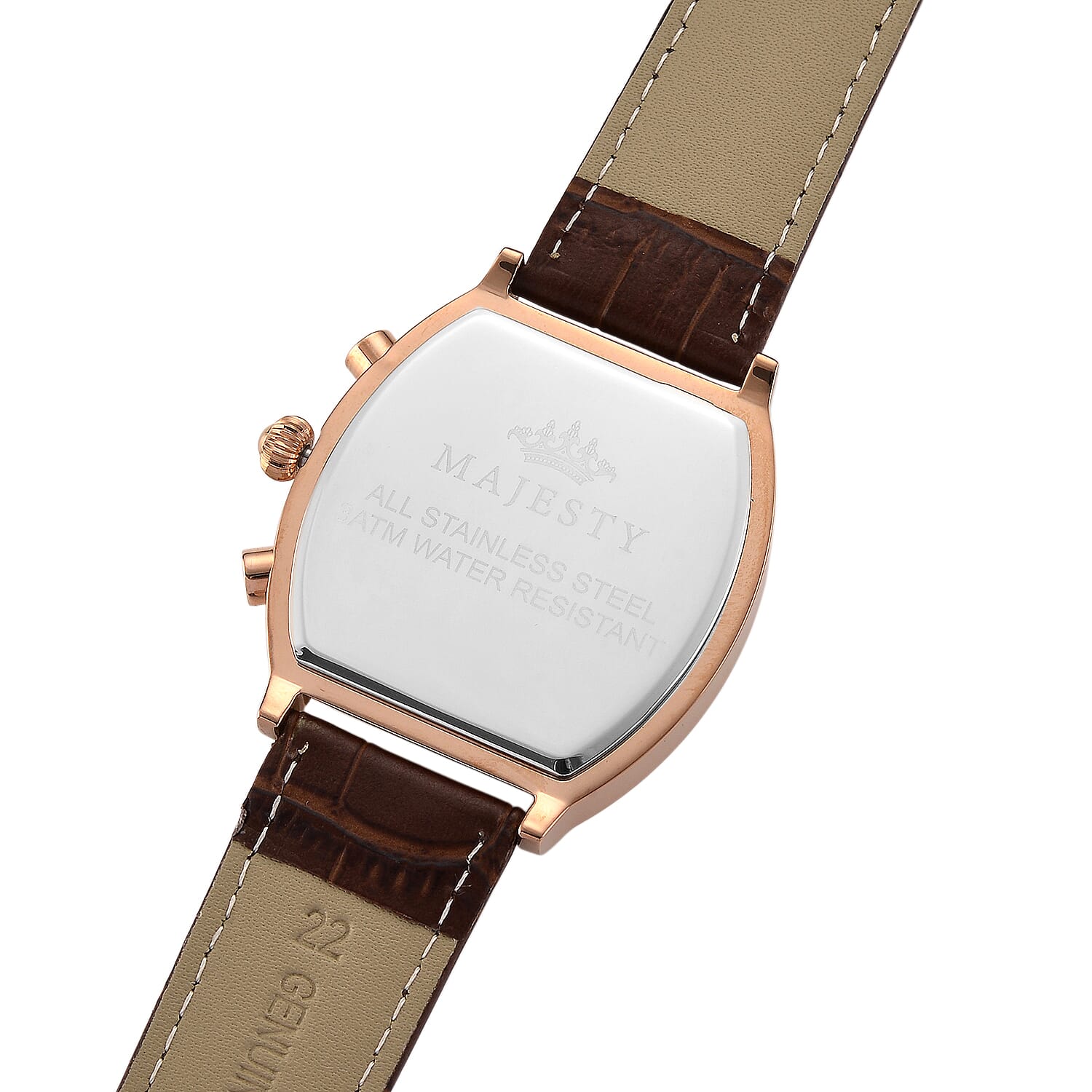 MAJESTY Multifunction VD53 Japan Quartz 3ATM WR White Hydraulic Dial - Rose Crystal Case Mens Watch with Brown Leather Strap