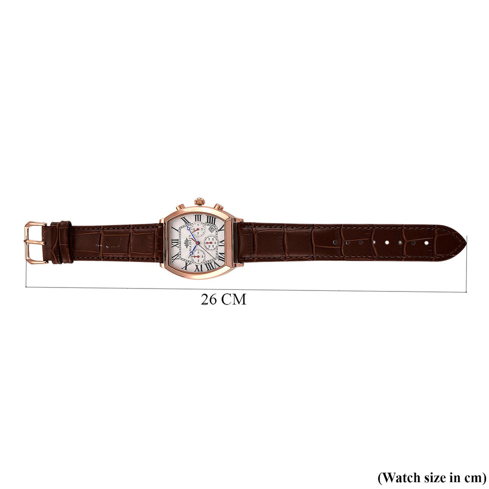 MAJESTY Multifunction VD53 Japan Quartz 3ATM WR White Hydraulic Dial - Rose Crystal Case Mens Watch with Brown Leather Strap