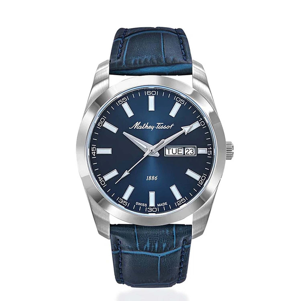 MATHEY TISSOT I Day-Date Swiss Ronda 517 Quartz Movt. 5ATM WR Blue Dial - Silver Case Mens Watch with Blue Leather Strap H453ALBU