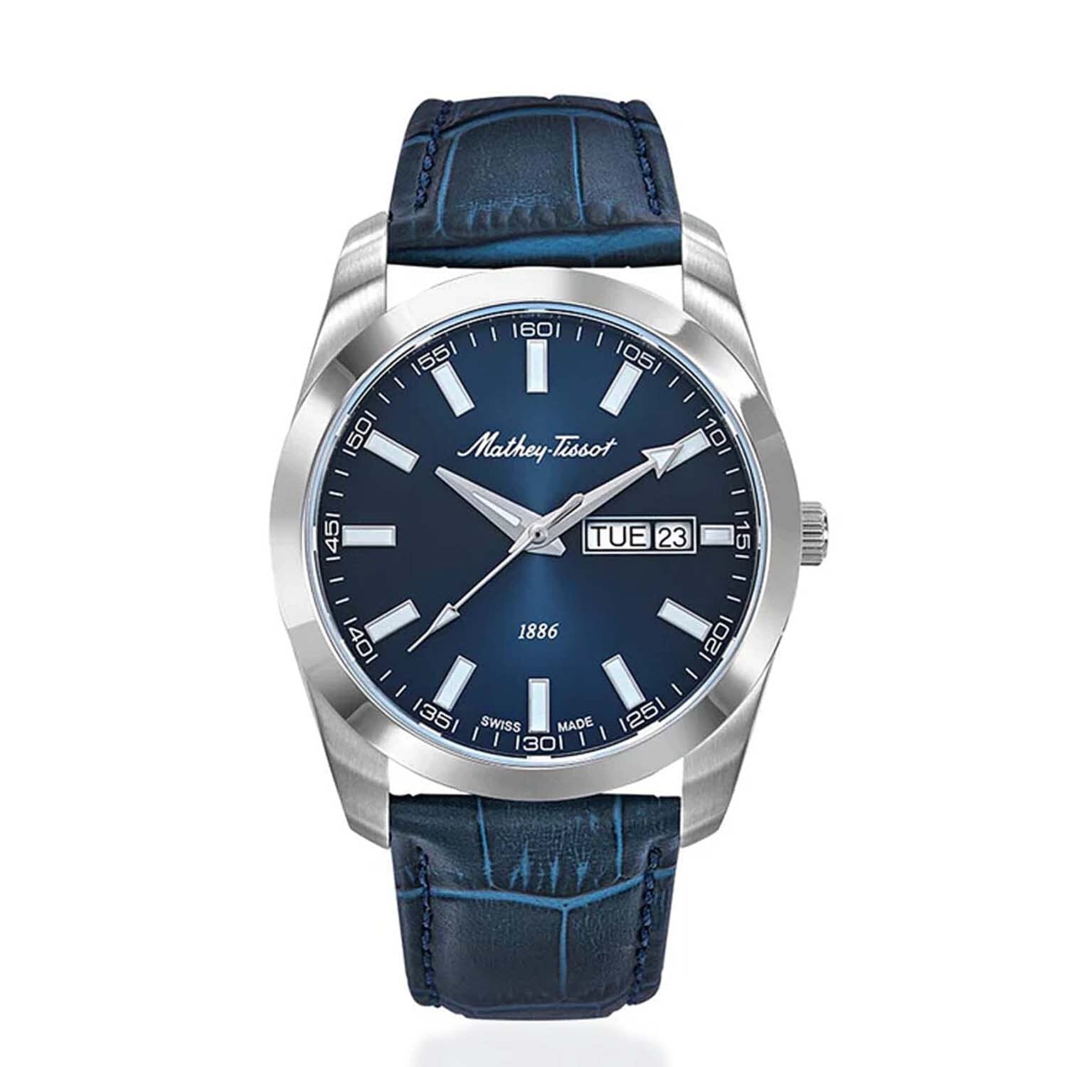 MATHEY TISSOT I Day-Date Swiss Ronda 517 Quartz Movt. 5ATM WR Blue Dial - Silver Case Mens Watch with Blue Leather Strap H453ALBU