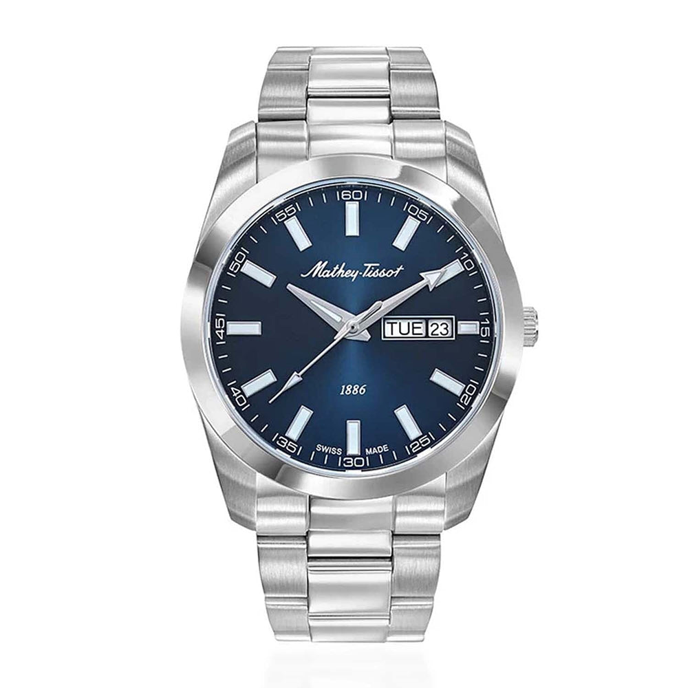 MATHEY TISSOT I Day-Date Swiss Ronda 517 Quartz Movt. 5ATM WR Blue Dial - Silver Case Mens Watch with Silver Stainless Steel Strap H453ABU