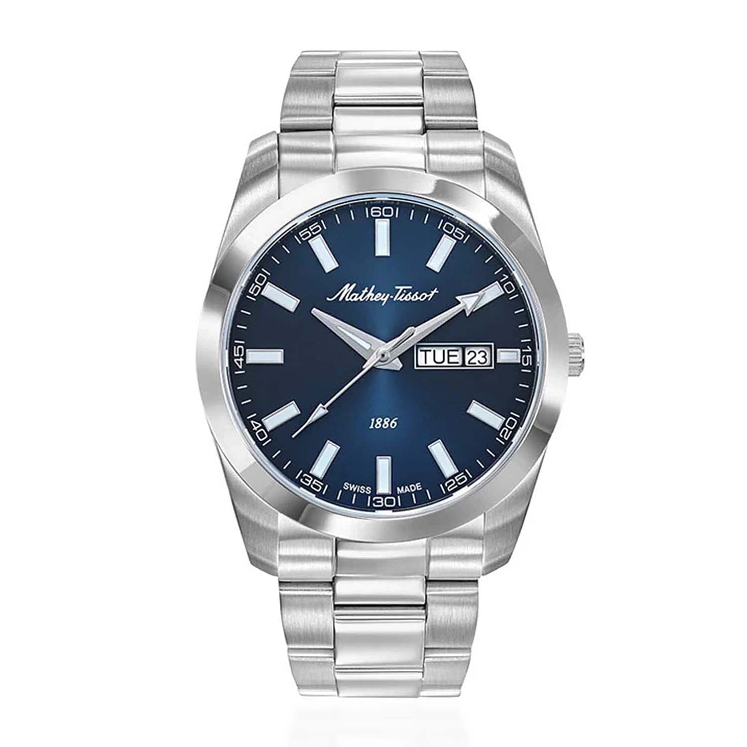 MATHEY TISSOT I Day-Date Swiss Ronda 517 Quartz Movt. 5ATM WR Blue Dial - Silver Case Mens Watch with Silver Stainless Steel Strap H453ABU