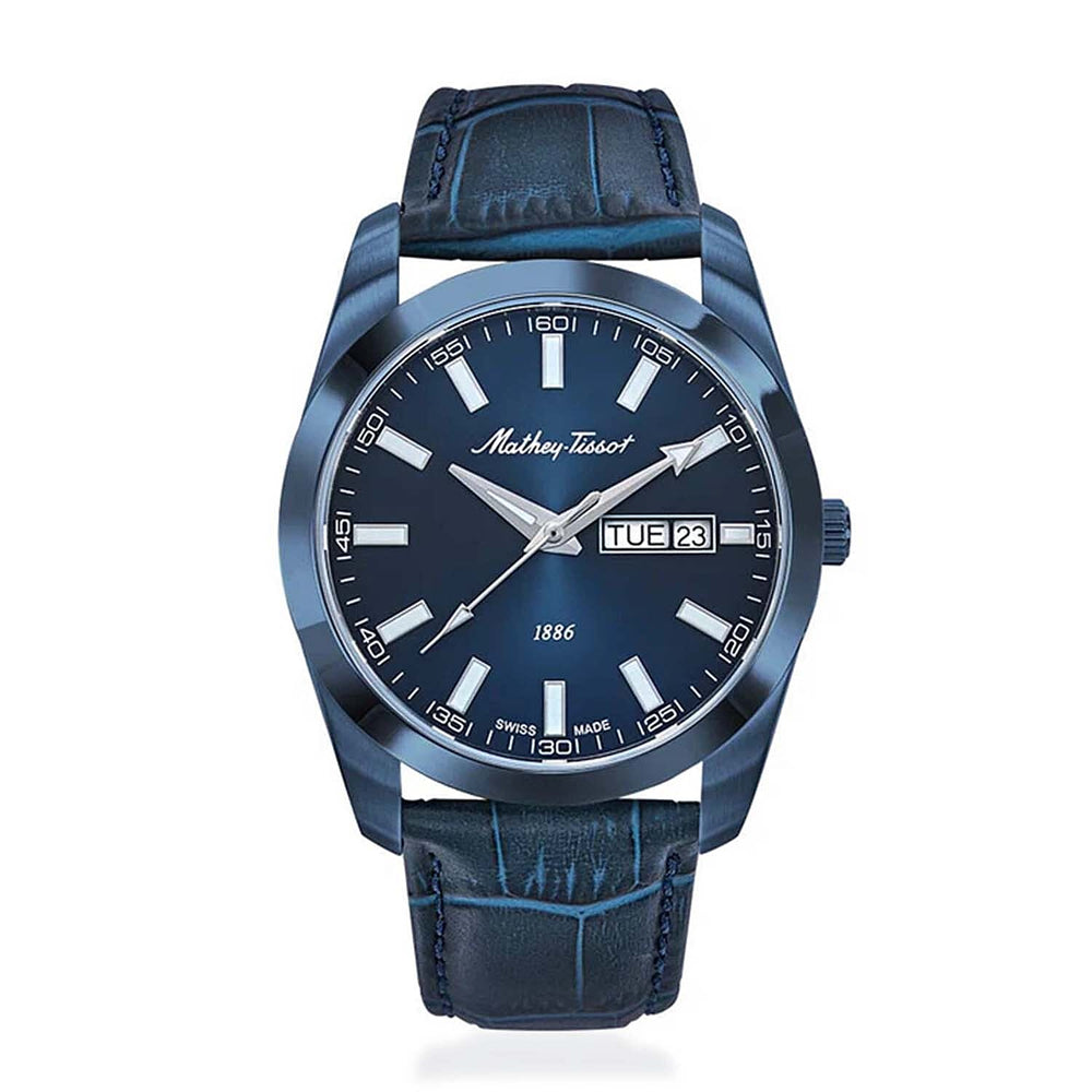 MATHEY TISSOT I Day-Date Swiss Ronda 517 Quartz Movt. 5ATM WR Blue Dial - Blue Case Mens Watch with Blue Leather Strap H453BULM