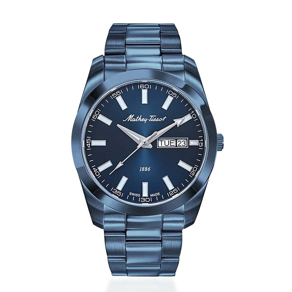 MATHEY TISSOT I Day-Date Swiss Ronda 517 Quartz Movt. 5ATM WR Blue Dial - Blue Case Mens Watch with Blue Stainless Steel Strap