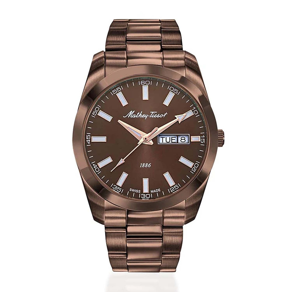 MATHEY TISSOT I Day-Date Swiss Ronda 517 Quartz Movt. 5ATM WR Brown Dial - Brown Case Mens Watch with Brown Stainless Steel Strap