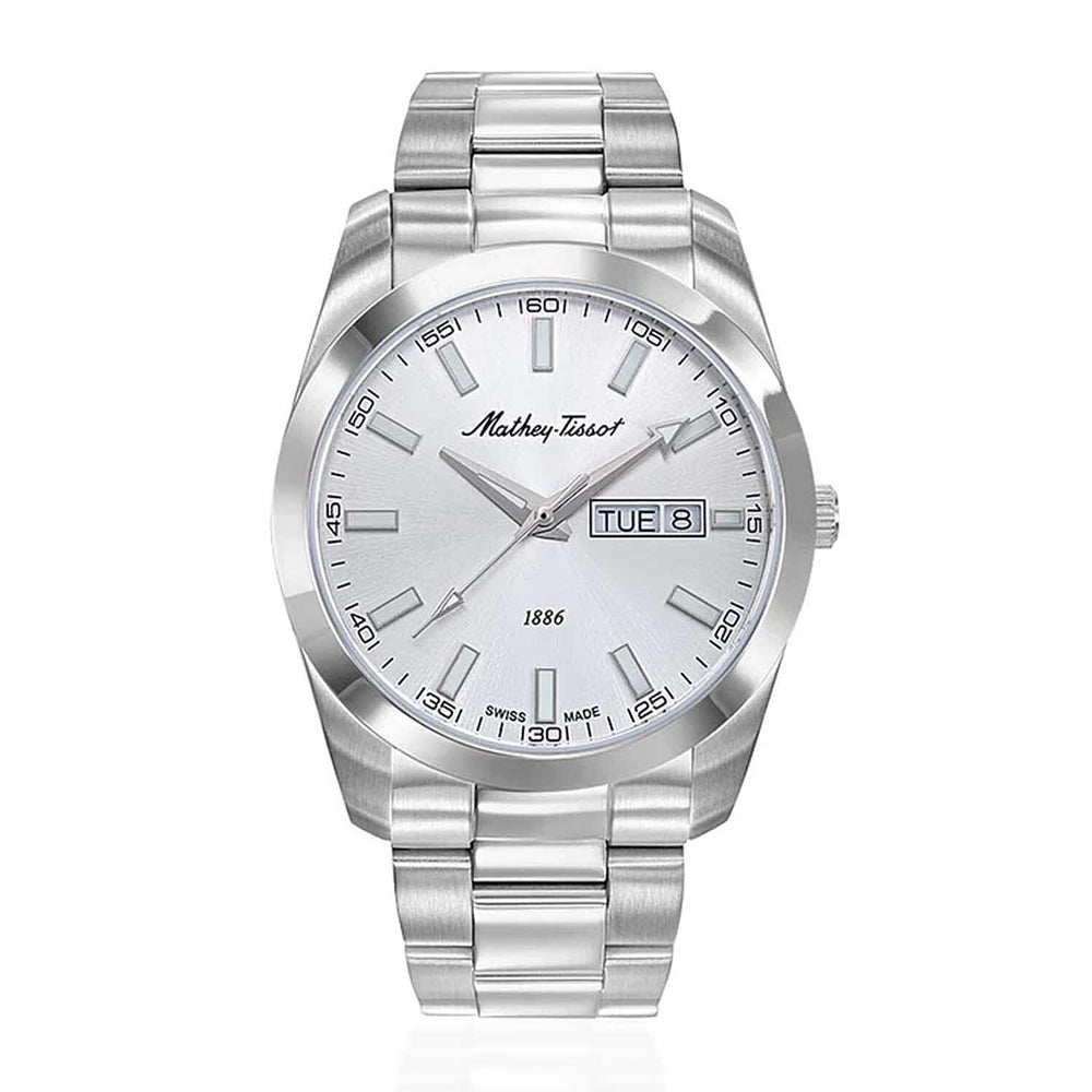MATHEY TISSOT I Day-Date Swiss Ronda 517 Quartz Movt. 5ATM WR Silver Dial - Silver Case Mens Watch with Silver Stainless Steel Strap H453AS