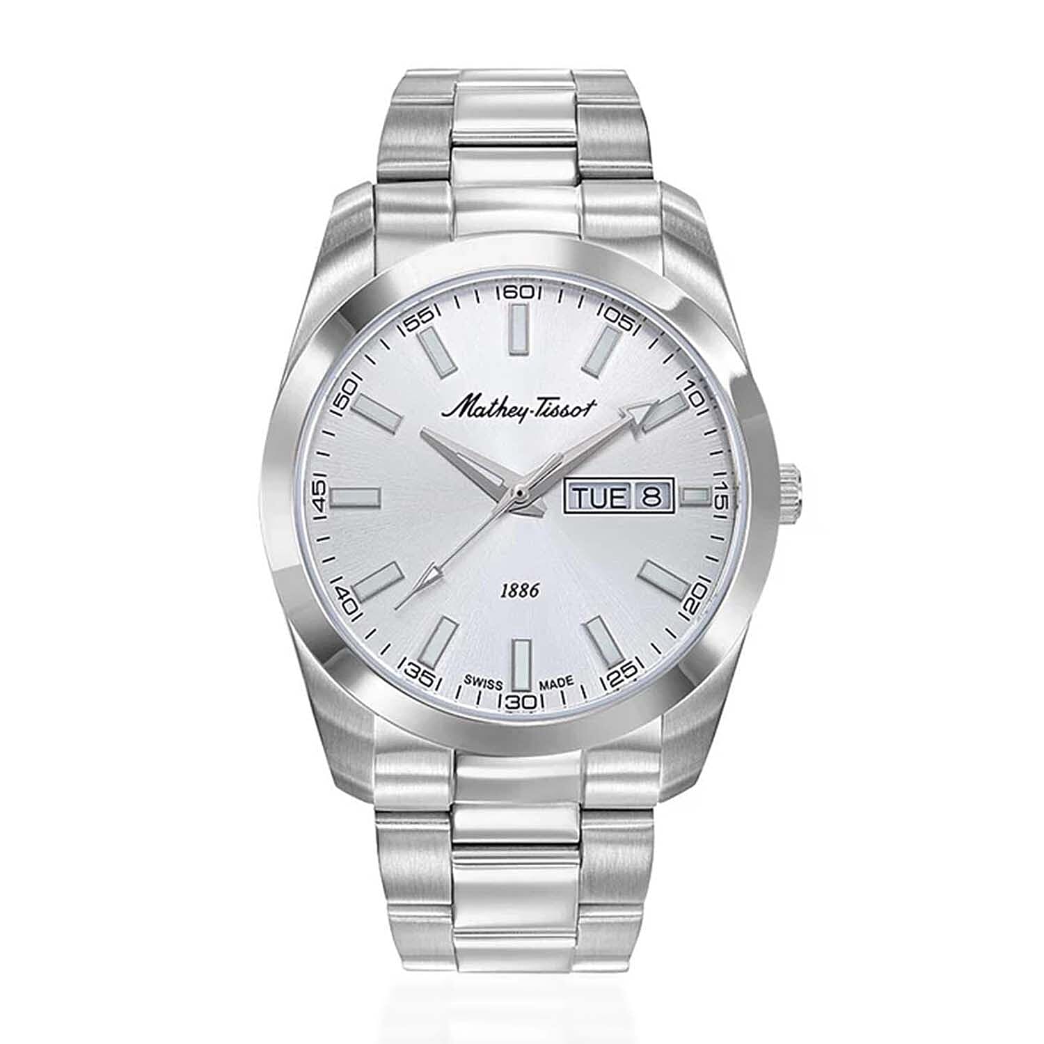 MATHEY TISSOT I Day-Date Swiss Ronda 517 Quartz Movt. 5ATM WR Silver Dial - Silver Case Mens Watch with Silver Stainless Steel Strap H453AS