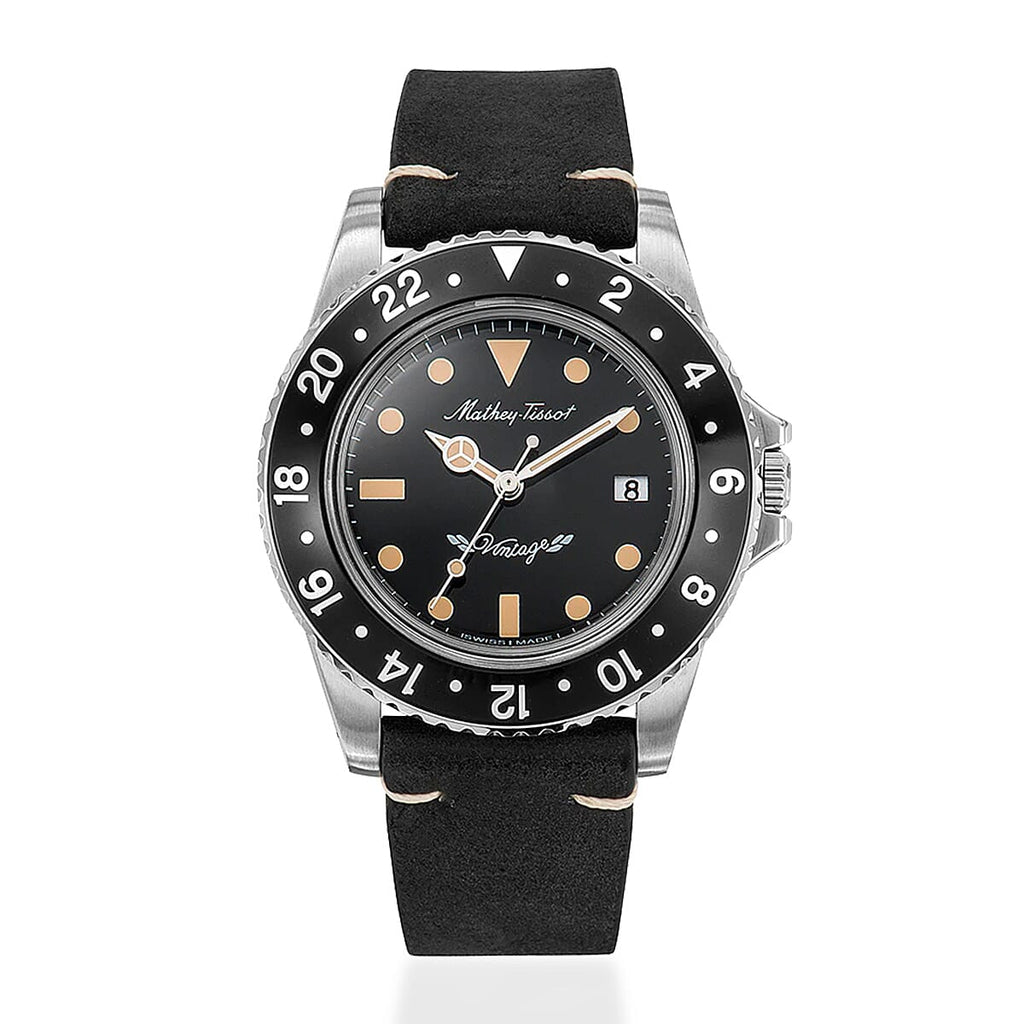 MATHEY TISSOT Mathey Vintage Quartz Ronda 505 Movt 10ATM WR Black Dial Mens Watch with a Brown Leather Strap